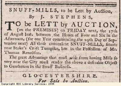 Advert for auction of snuff mills