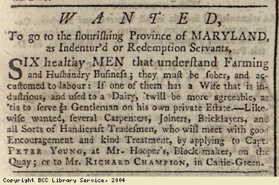 Advert; servants to go to Maryland