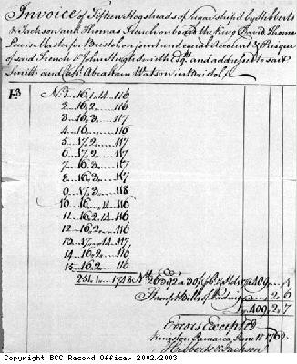 Invoice for sugar shipped from Jamaica