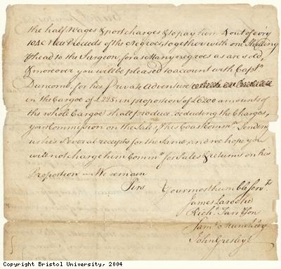 Letter regarding cargo of slaves
