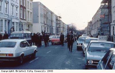 St Pauls Riots, police and cars on road