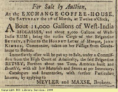 Advert for auction of molasses and rum