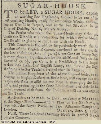 Advert for lease of sugar house