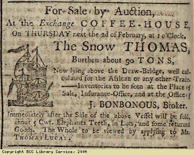 Advert for sale of ship and ivory by auction
