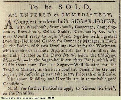 Advert for sale of sugar-house