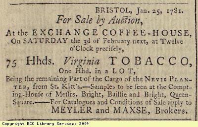 Advert for sale of tobacco