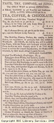 Advert for tea, coffee and chocolate