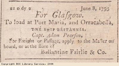 Advert for the Britannia, sailing for Glasgow