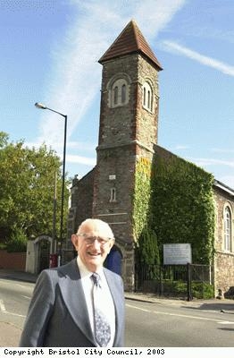 Amos Pike outside the Ivy Church