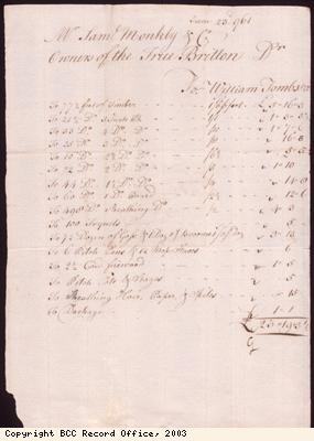 Fitting out invoice for ship True Briton