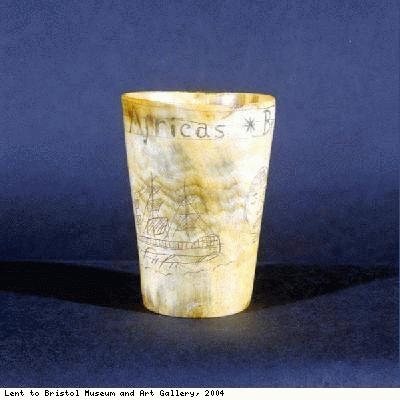 Horn cup inscribed Liverpool, Bristol, Africas