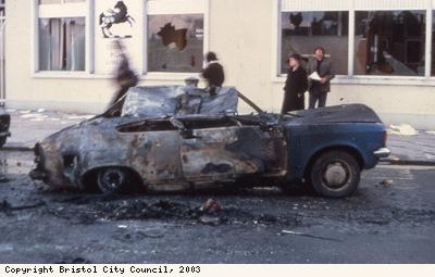 St Pauls Riots, burnt-out police car